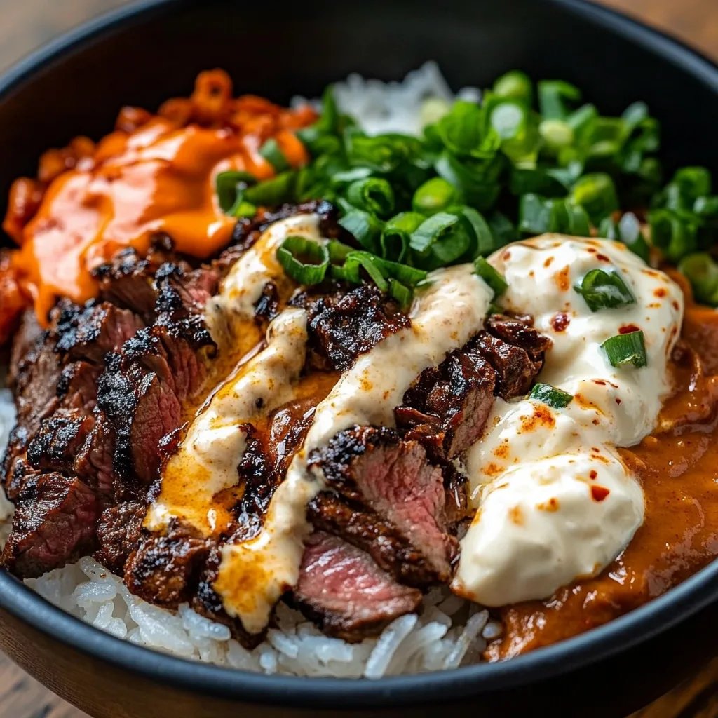 Korean BBQ Steak Rice Bowls with Spicy Cream Sauce