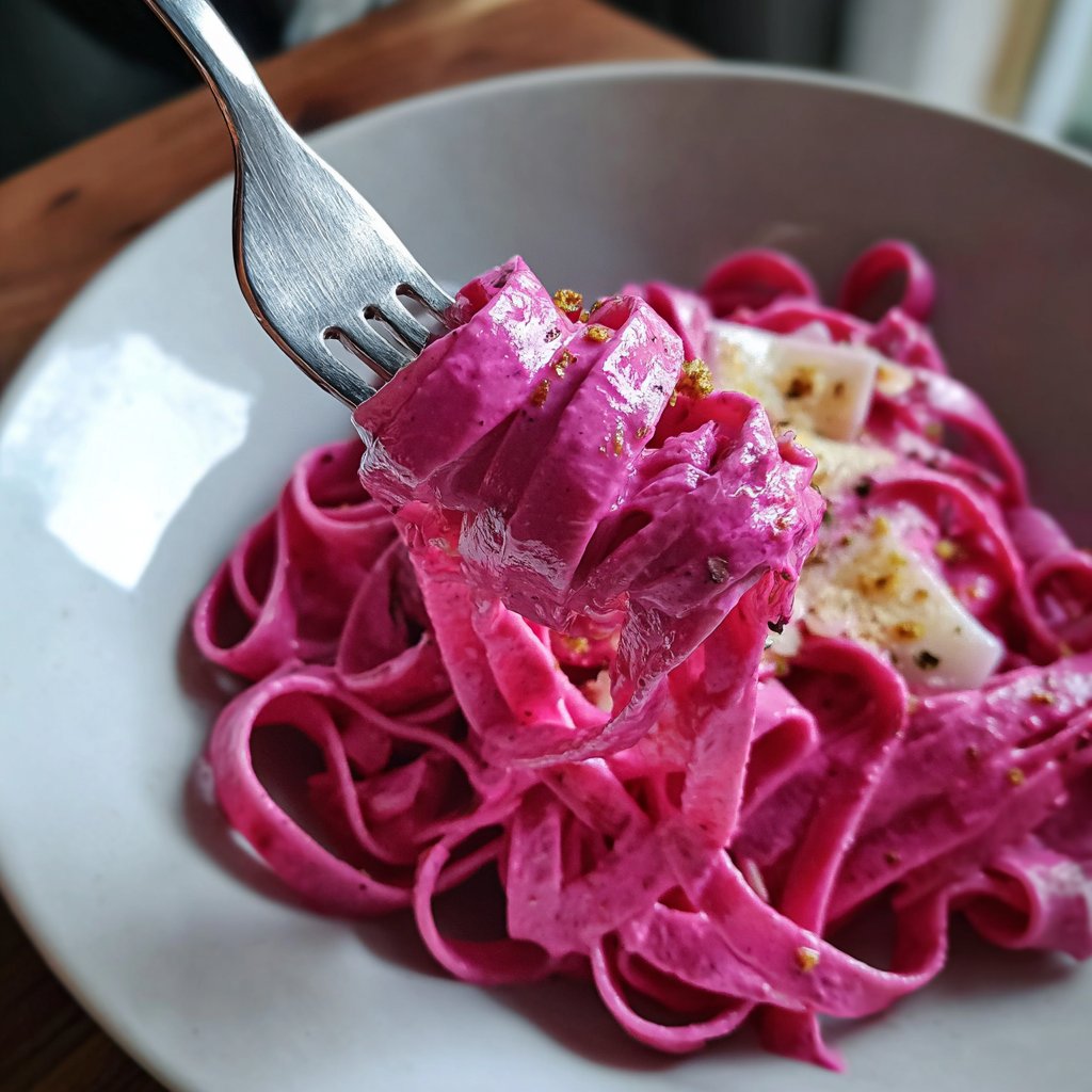 Pink Beetroot Fettuccine with Cream Sauce